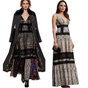 Stunning Bebe NWOT flowy maxi tired dress with lace details animal print…